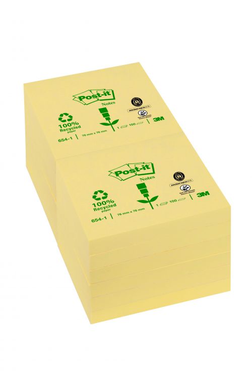 Post-it Notes Recycled 76x76mm Canary Yellow Pack 12