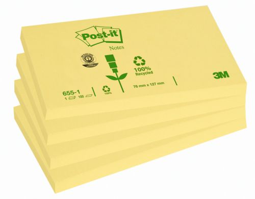 Post-it Notes Recycled 76 x 127mm Canary Yellow (Pack of 12) 655-1Y