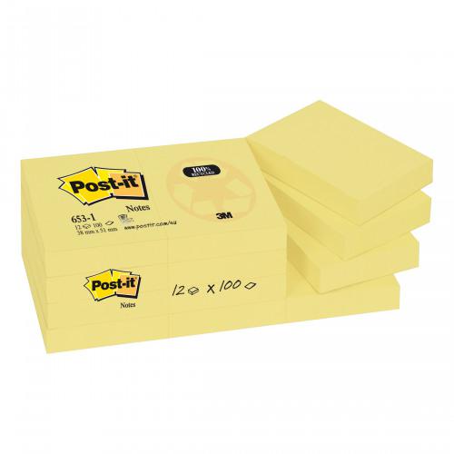 Post-it Recycled Notes Pad of 100 38x51mm Yellow Ref 653-1Y [Pack 12]