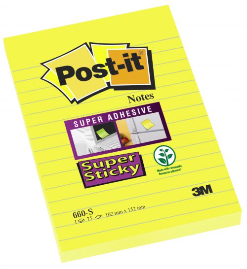 Post-it Super Sticky Notes 102x152mm Ruled 75 Sheets Ultra Yellow (Pack 6) 7100172740