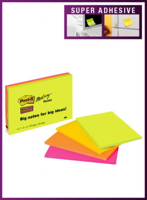 Post-it Super Sticky Meeting 149x98mm Neon Asrtd (Pack of 4) 6445-4SS