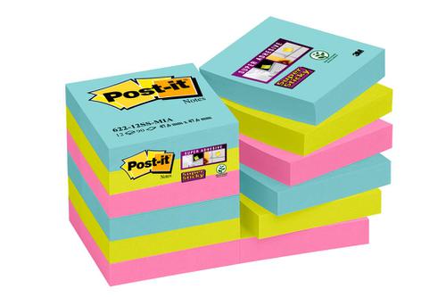Post-It Super Sticky Notes Miami 51x51mm Aqua Neon Green Pink Ref 622-12SS-MIA [Pack 12]