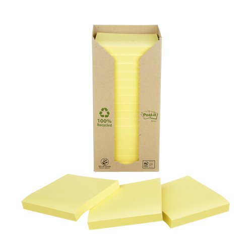 3M PostIt Note Recycled 3x3 Yellow Pack 16 Repositional Notes PI9332