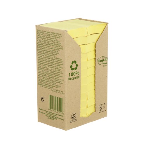 3M72301 Post-it Recycled Notes 38x51mm 100 Sheets Canary Yellow (Pack of 24) 653-1T