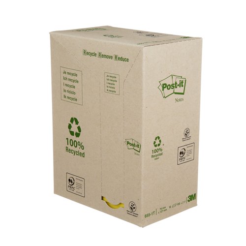 Post-it Recycled Notes 76x127mm 100 Sheets Canary Yellow (Pack of 16) 655-1T - 3M72289