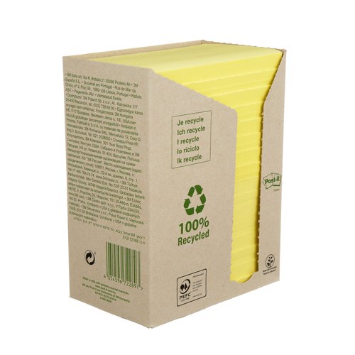 Post-it Recycled Notes 76x127mm 100 Sheets Canary Yellow (Pack of 16) 655-1T Repositional Notes 3M72289