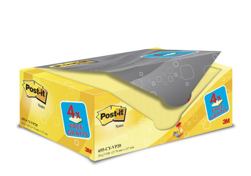 Post-it Note Canary Yellow Value Pack 76x127mm  655CY-VP20 [Pack 16+4 Free]
