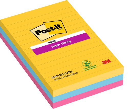 Post-it® Super Sticky Large Notes Carnival Colours 101x152mm Lined Pads Ref 7100234250 [Pack 3]