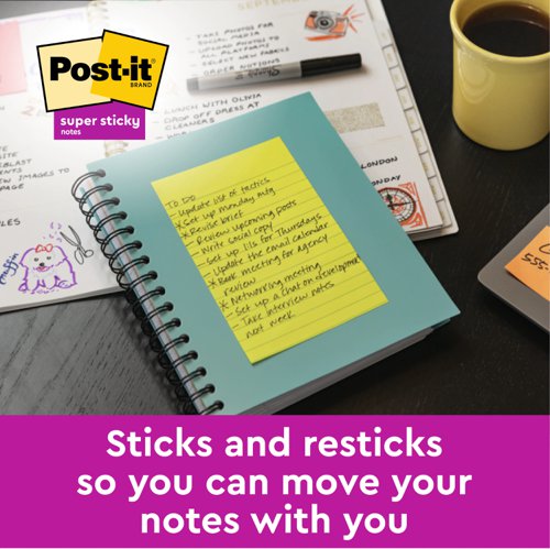 Post-it Super Sticky Large Z-Notes Lined 101 mm x 101 mm Canary Yellow 90 Sheets Per Pad (Pack 5) 7100234252