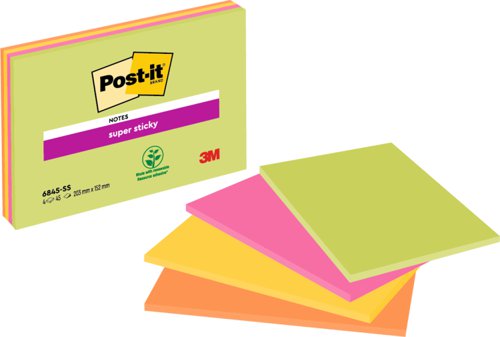 Post-it Super Sticky Notes 203x152mm 45 Sheets Neon Colours (Pack 4) 6845-SSP - 7100043258