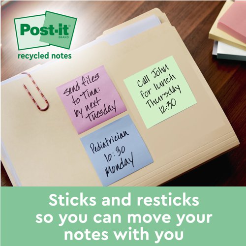 Post-it Recycled Notes, Assorted Colours, 76 mm x 76 mm, 100 Sheets/Pad, 16 Pads/Pack