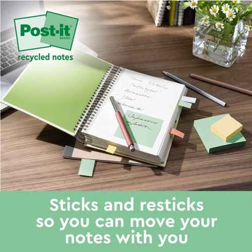 Post-it Recycled Notes, Assorted Colours, 76 mm x 76 mm, 100 Sheets/Pad, 16 Pads/Pack
