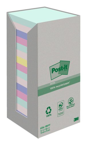Post-it Notes Pad Recycled Tower Pack 76x76mm Pastel Rainbow Ref 7100259226 [Pack 16] 839167 Buy online at Office 5Star or contact us Tel 01594 810081 for assistance