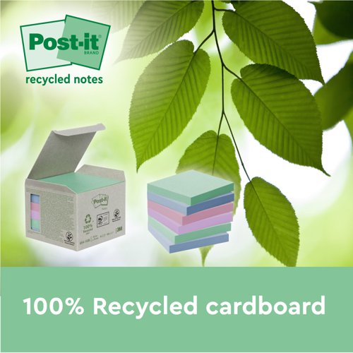 Post-it Recycled Notes, Assorted Colours, 76 mm x 127 mm, 100 Sheets/Pad, 16 Pads/Pack 3M