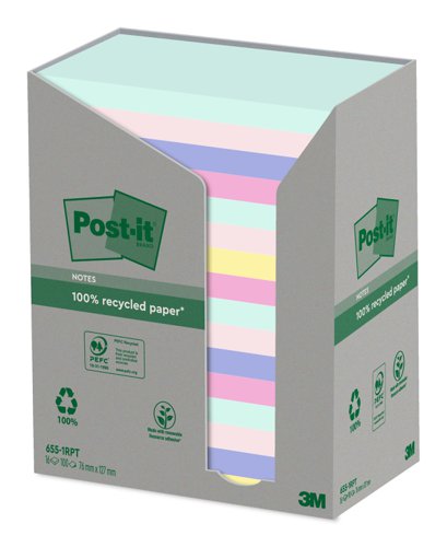 Postit Notes Recycled Pastel Rainbow Tower Pk16 76x127 Repositional Notes PI1422