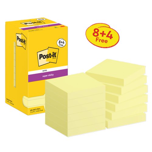 Post-it Super Sticky Notes 76x76mm Canary Yellow Promo Pack 90 Sheets per Pad (Pack 8 + 4 Free) - 7100290174