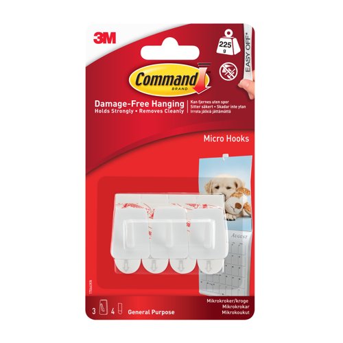 3M Command Mini Micro Hooks With Command Adhesive Strips White (Pack 3) - 7100117609