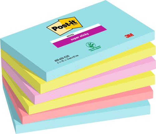 Post-It Pack of 6 Super Sticky Notes 76x127mm 90 Sheets Cosmic Colours
