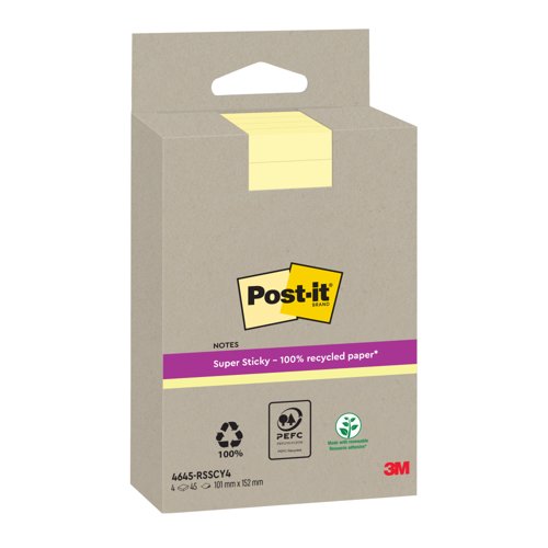 Post-it Super Sticky Recycled Notes Lined 102x152mm 45 Sheets Canary Yellow (Pack of 4) 4645-RSSCY4