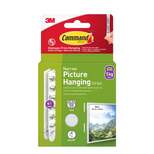 3M Command Narrow Picture Hanging Strips White (Pack 4) 17207 - 7100337191