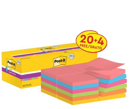 Post-it Super Sticky Z-Notes, Assorted Colours, 76 mm x 76 mm, Promo Pack, 90 Sheets/Pad, 20 + 4 FREE Pads/Pack, Cardboard Pack, 100% PEFC SGSCH-PEFC