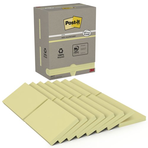 Post-it Pack of 16 Recycled Notes 76x127 mm Canary Yellow