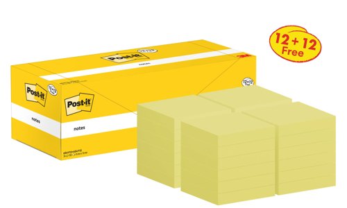Post-it Notes, Canary Yellow, 76 mm x 76 mm, Promo Pack, 100 Sheets/Pad, 12 + 12 FREE Pads/Pack, Cardboard Pack, 100% PEFC SGSCH-PEFC-COC-110078