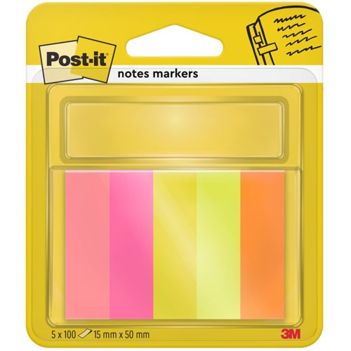 Post-it Notes Markers, Assorted Colours, 15 mm x 50 mm, 100 Sheets/Pad, 5 Pads/Pack, 100% PEFC SGSCH-PEFC-COC-110078