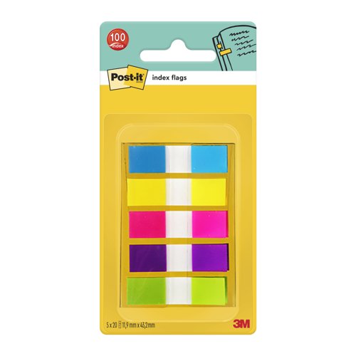 Post-it Index Flags Repositionable 12x43mm 5x20 Tabs Bright Assorted Colours (Pack 100) 683-5CB - 7000101800