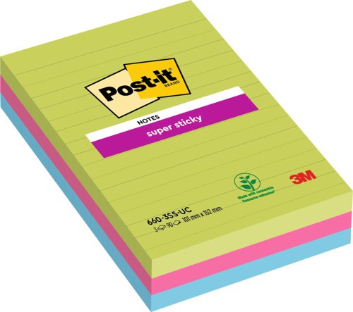 Post-it Pack of 3 Super Sticky Notes 102x152mm Ruled 90 Sheets Ultra Colours