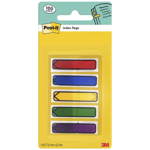 Post-it Index Arrow Flags, Assorted Colours, 11.9 mm x 43.2 mm, 100 Flags/Dispenser, 1 Dispenser/Pack