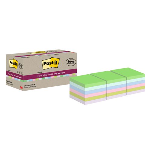 PostIt Super Sticky Recycle 76x76 Assorted Pack 18