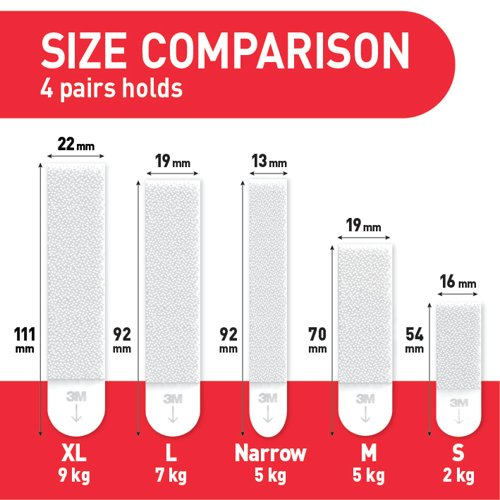 47837MM | Command™ Picture Hanging Strips are an innovative solution for hanging picture frames and artwork securely and damage free. They hold strongly and remove cleanly using 3M stretch release technology. Command™ Picture Hanging Strips let you decorate how you want, when you want, without damaging your walls and surfaces. Easy to apply, no nails screws or tools required. The strips lock and relock allowing the frame to be removed and repositioned. A clever decorating solution that doesn't damage surfaces and will help you fearlessly change your space. A great home improvement item, these picture hanging strips stick on a variety of smooth surfaces without leaving holes, marks, or sticky residue. Use these wall hanging strips to hang picture frames, college dorm decor, wooden letters, nursery decor, calendars, or even to create a gallery wall. Simply mount these strips on painted walls, finished wood, painted concrete, cinder blocks, laminate, glass, metal and tiles, and enjoy the damage free hanging of your favourite decorations. Strong and versatile, our picture hanging strips are available in a variety of sizes and pairs per pack to best fit your decor needs, supporting weights up to 9 Kg and frame sizes up to 70 cm x 100 cm in white or black for utmost discretion in your decor. Directions and warnings are included; follow these closely to use the wall hanging strips as intended.