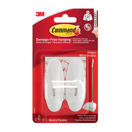 3M Command Medium Wire Hooks With Command Adhesive Strips White (Pack 2) - 7100117613