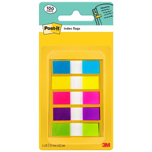 Post-it Index Flags, Small, Assorted Neon Colours, 11.9 mm x 43.2 mm, 100 Flags/Dispenser, 1 Dispenser/Pack