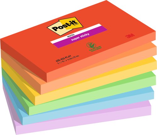 Post it Pack of 6 Super Sticky Notes Playful Colours 76x127mm 90 Sheet