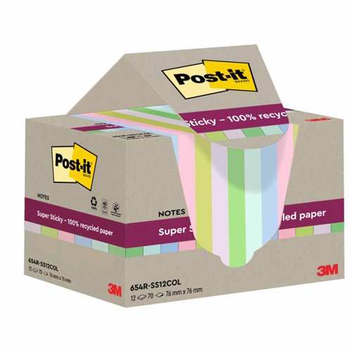 PostIt Super Sticky Recycle 76x76 Assorted Pack 12