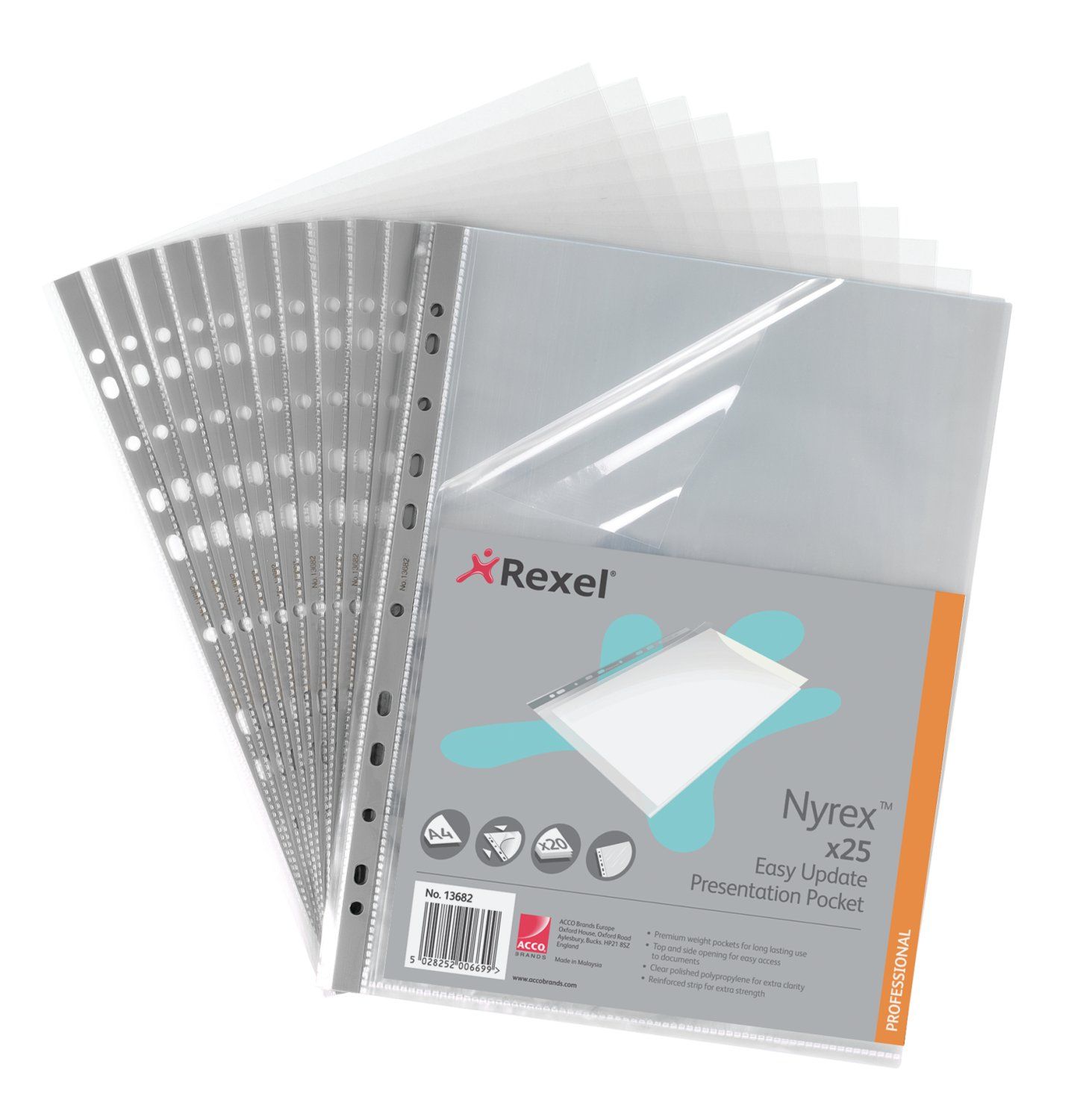 Rexel Nyrex Premium Presentation Pocket Top and Side-opening 90 Micron A4 Glass Clear Ref 13682 [Pack 25]