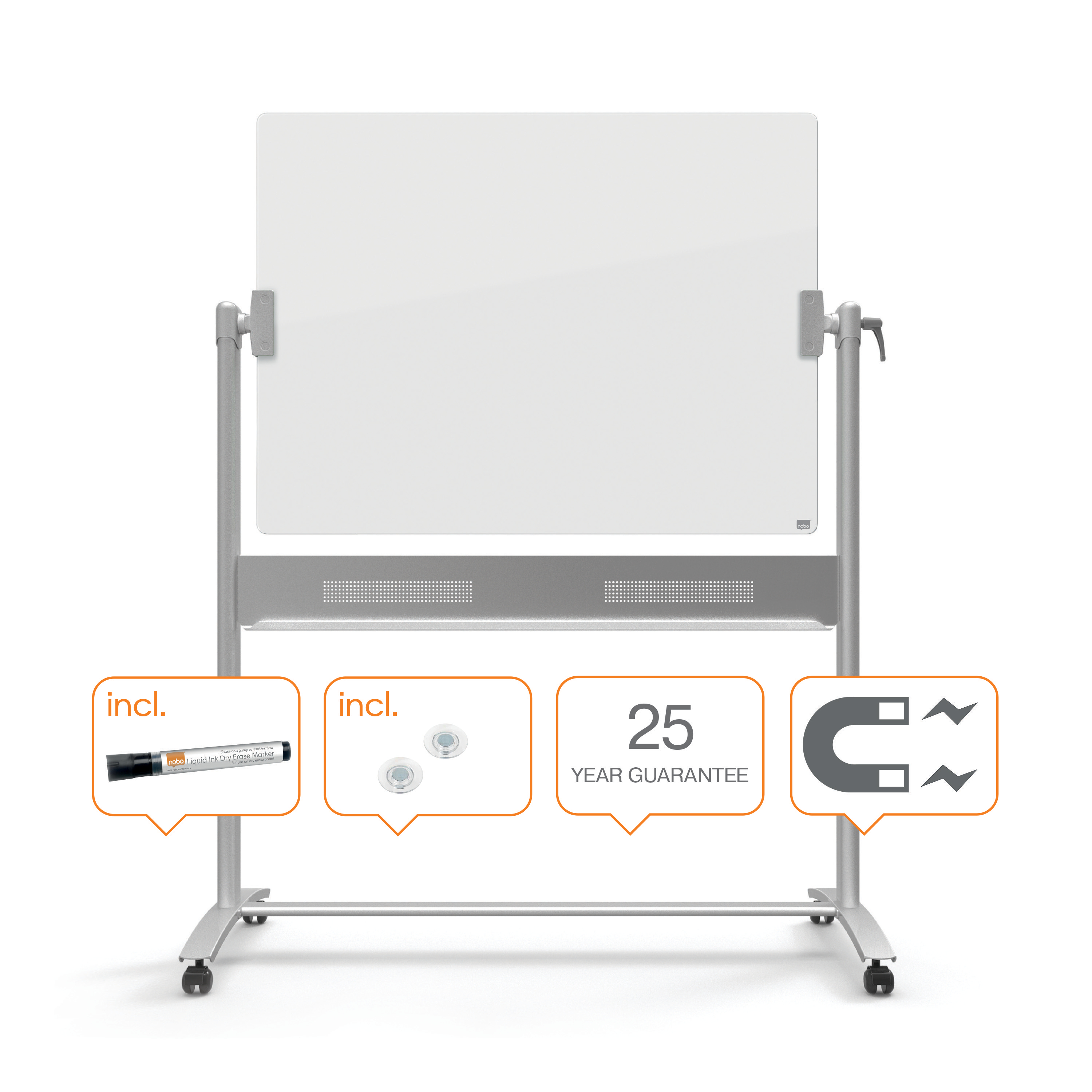 Nobo Glass Revolving Mobile Whiteboard Inc. Marker and Magnets, White, 1200 x 900mm, Double Sided Magnetic Glass