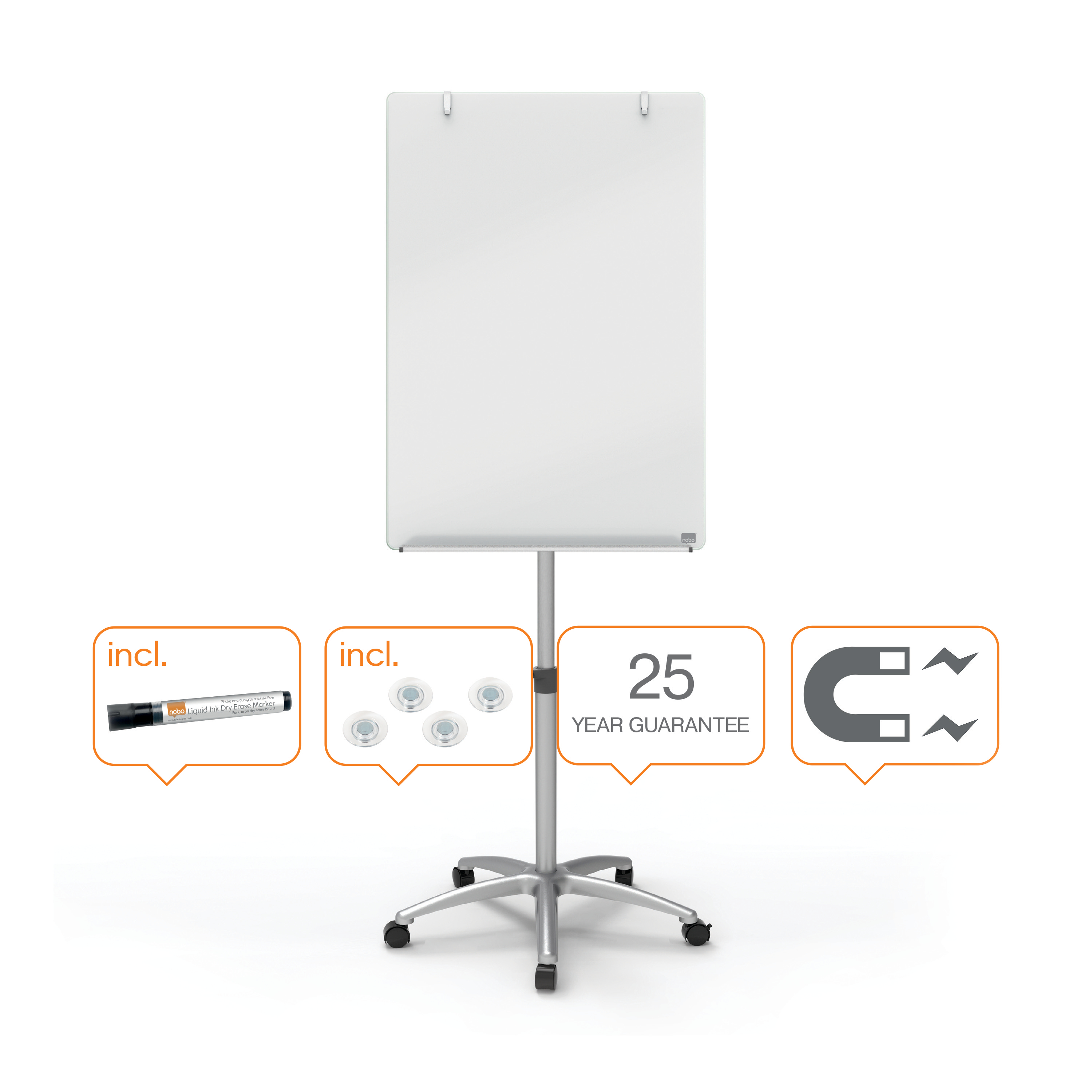 Nobo Glass Flipchart Easel, White, 1850 x 700mm, Mobile Magnetic Whiteboard