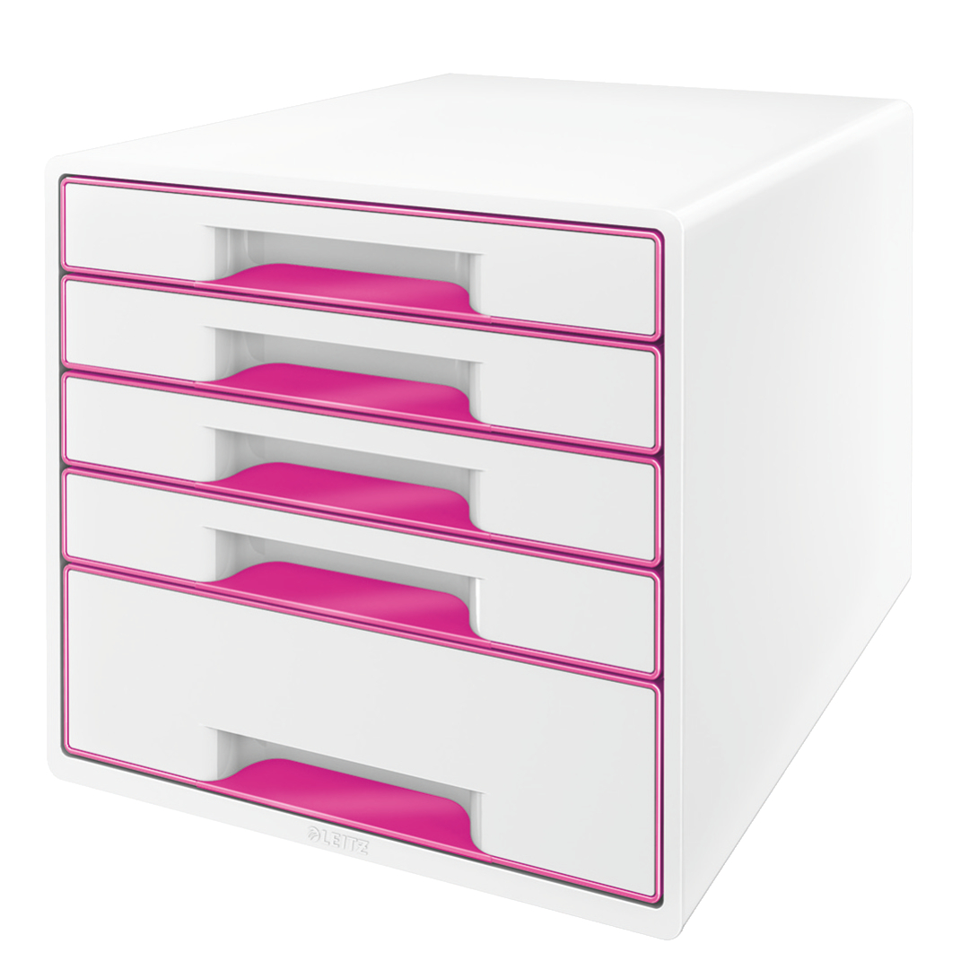 Leitz WOW CUBE Drawer Cabinet, 5 drawers (1 big and 4 small). A4 Maxi. White/pink