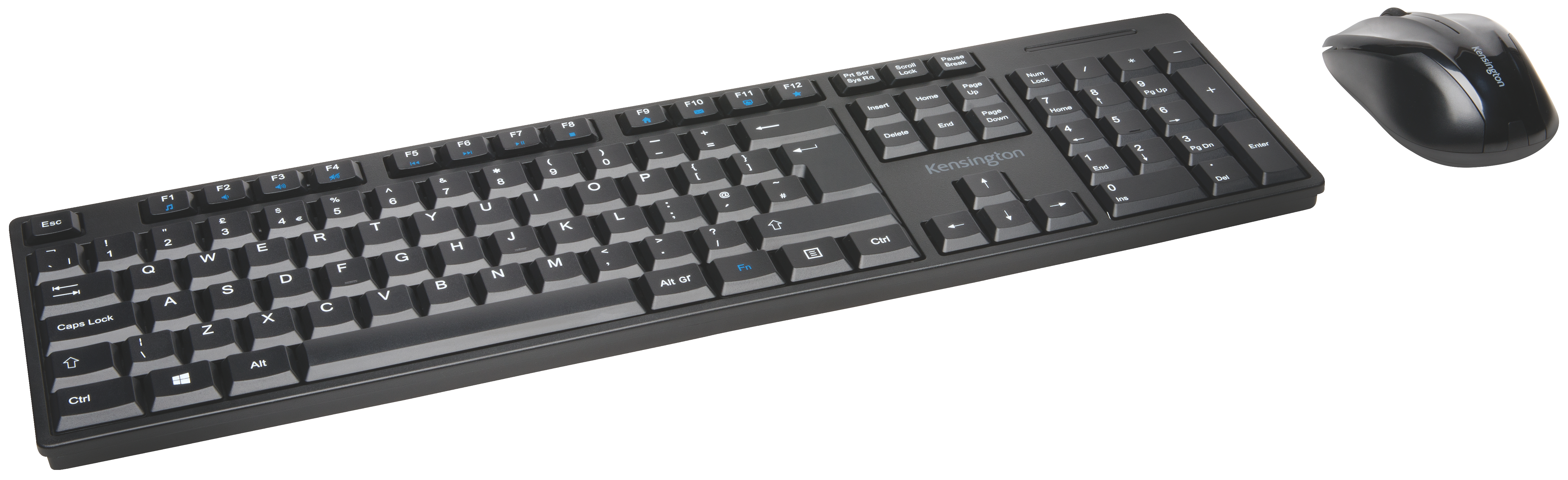 Kensington® Pro Fit® Low-Profile Wireless Desktop Set with spill-proof keyboard with multimedia keys, ambidextrous mouse and AES encryption, Black 