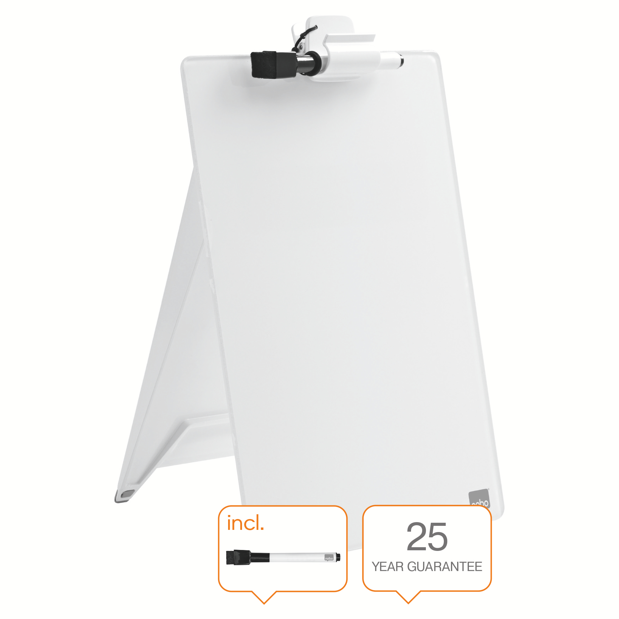Nobo Glass Desktop Dry Wipe Easel, White, Clipboard