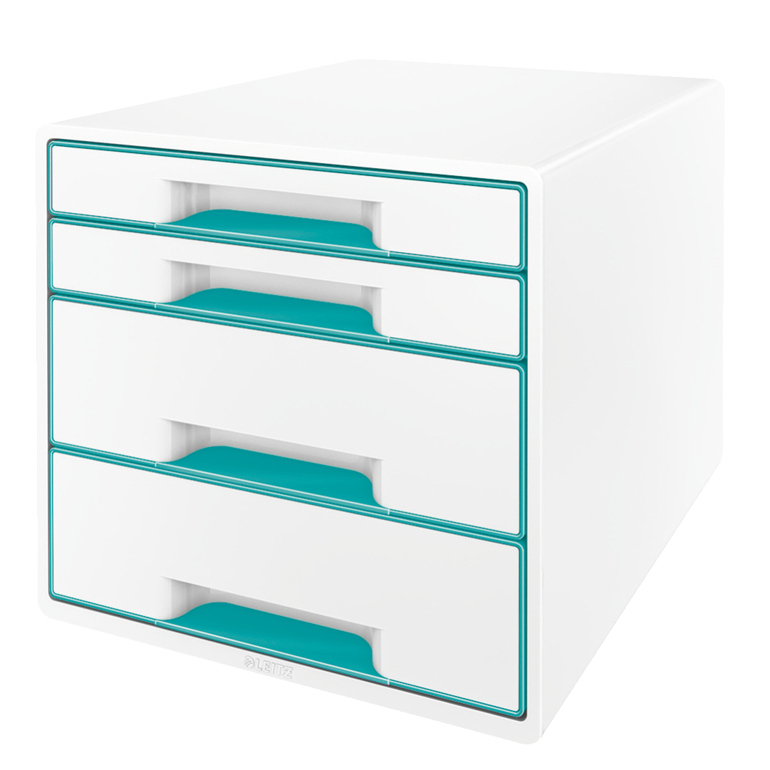 Leitz WOW CUBE Drawer Cabinet, 4 drawers (2 big and 2 small). A4 Maxi. White/ice blue