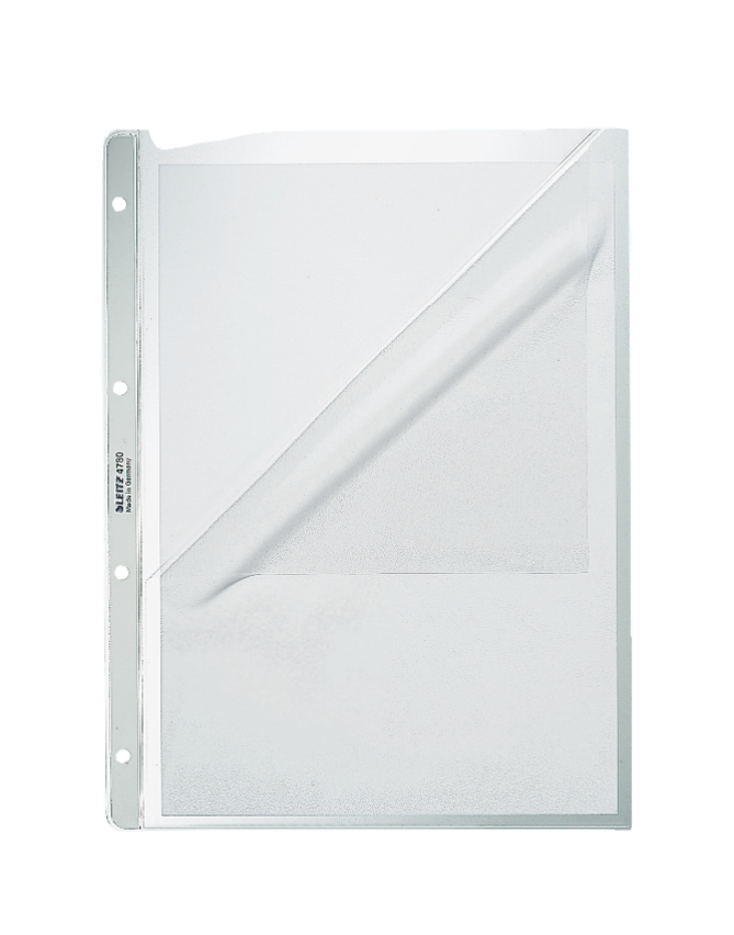 Leitz Pocket. Embossed, extra strong 0.13 mm, 30% pre-consumer recycled plastic PP. With paper insert. 2 sides open. A4. (1 Pack of 100) Clear