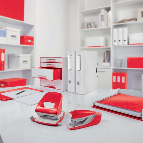 This bright, stylish Leitz WOW lever arch file in vibrant new colour range with dual colour effect. The laminated surface gives the file a glossy, high quality look and feel. Striking and stylish colour with a unique, patented filing mechanism that opens 180 degrees for ease of use. The file has an 80mm capacity for up to 600 sheets of 80gsm paper. Features a metal thumb hole for easy retrieval from a shelf and a large spine label for quick identification of contents. Suitable for A4 filing. Ideal for colour coordinated filing. 5 year mechanism guarantee. This pack contains 10 red lever arch files.