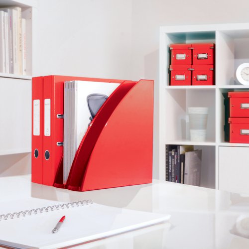 LZ61967 | This bright, stylish Leitz WOW lever arch file in vibrant new colour range with dual colour effect. The laminated surface gives the file a glossy, high quality look and feel. Striking and stylish colour with a unique, patented filing mechanism that opens 180 degrees for ease of use. The file has an 80mm capacity for up to 600 sheets of 80gsm paper. Features a metal thumb hole for easy retrieval from a shelf and a large spine label for quick identification of contents. Suitable for A4 filing. Ideal for colour coordinated filing. 5 year mechanism guarantee. This pack contains 10 red lever arch files.