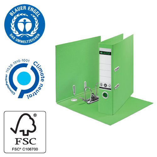 This eye-catching, premium quality Leitz Recycle lever arch file is made from recycled materials which can be disassembled for complete recycling. 80mm wide and suitable for A4. Unique patented mechanism that opens 180 degrees for 50% wider opening and 20% faster filing. The file has an 80mm capacity for up to 600 sheets of 80gsm paper. Climate neutral, 100% recyclable and with Blue Angel environmental certification. This robust lever arch file perfectly complements other products from the Leitz Recycle range and is made to last. Modern and contemporary green stationery that will look great at home and the office. The Leitz eco friendly Recycle range can both improve your office environment and the environment of our planet. 5 year mechanism guarantee. Design and print your own spine label online at www.leitz-easprint.com. This pack contains 10 green lever arch files.
