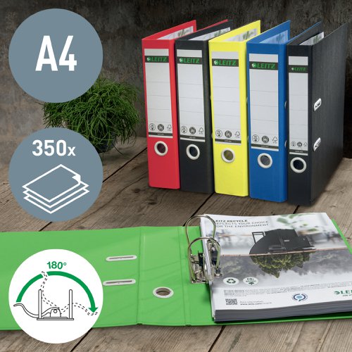This eye-catching, premium quality Leitz Recycle lever arch file is made from recycled materials which can be disassembled for complete recycling. 50mm wide and suitable for A4. Unique patented mechanism that opens 180 degrees for 50% wider opening and 20% faster filing. The file has an 50mm capacity for up to 350 sheets of 80gsm paper. Climate neutral, 100% recyclable and with Blue Angel environmental certification. This robust lever arch file perfectly complements other products from the Leitz Recycle range and is made to last. Modern and contemporary green stationery that will look great at home and the office. The Leitz eco friendly Recycle range can both improve your office environment and the environment of our planet. 5 year mechanism guarantee. Design and print your own spine label online at www.leitz-easprint.com. This pack contains 10 yellow lever arch files.