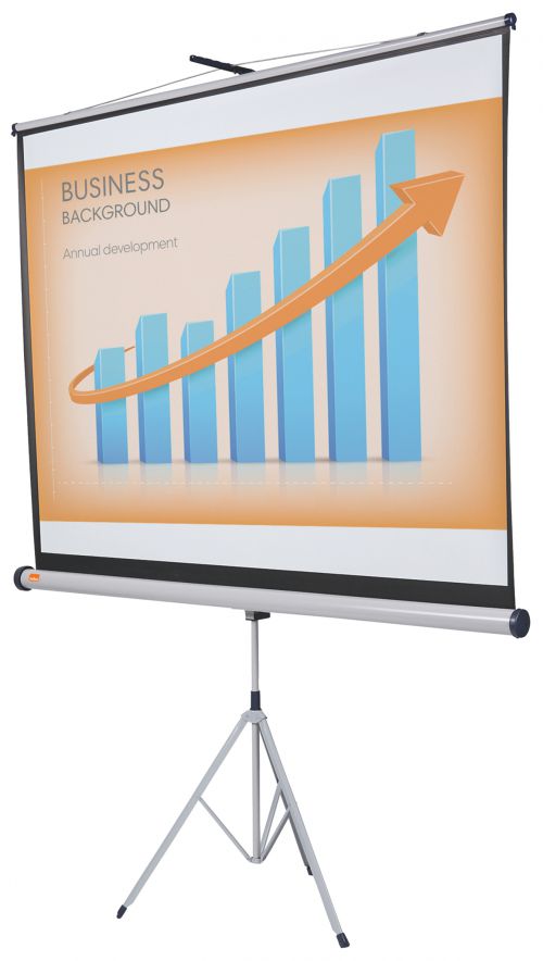 Flexible tripod projector screens. The brilliant matt white surface with black border provides a sharp, detailed image that can be easily viewed by everyone in the audience. The screen can be easily retracted into its housing to protect from damage. 1750x1325mm.